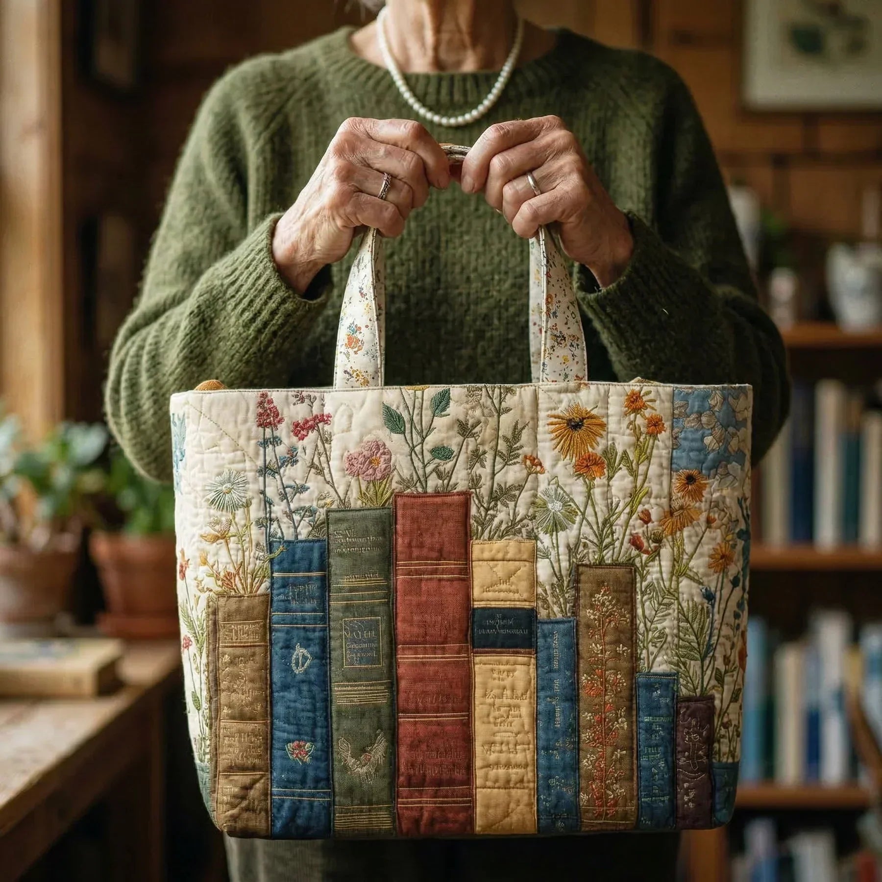 Bolso acolchado con estampado libros y flores