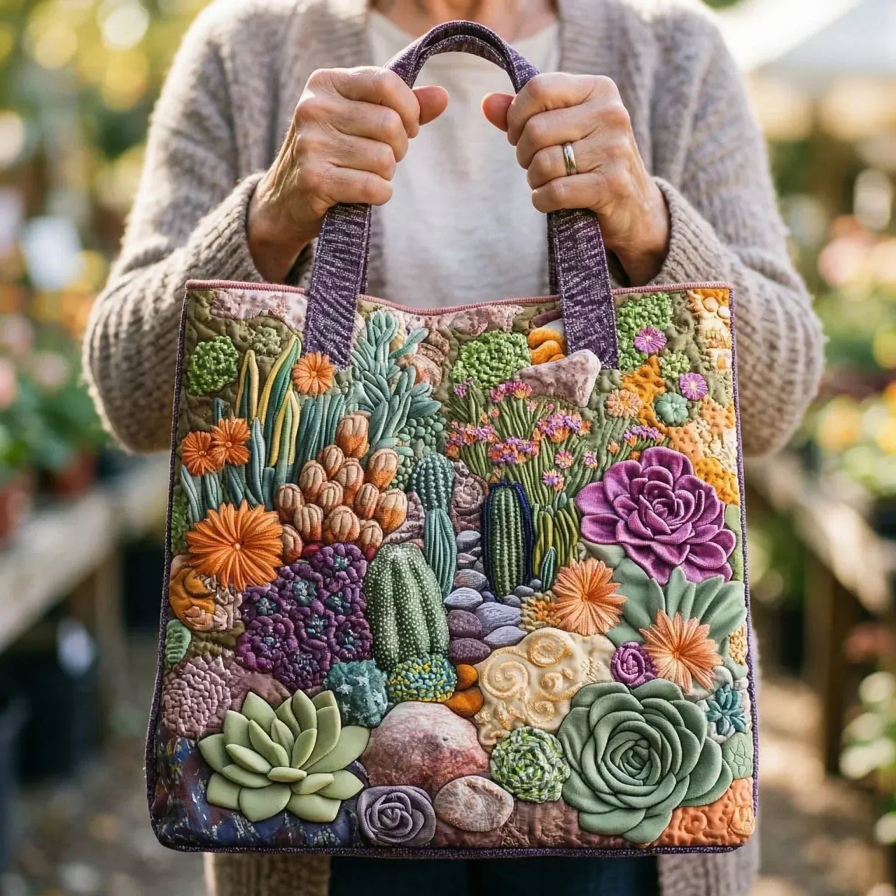 Bolso acolchado con estampado jardín de suculentas