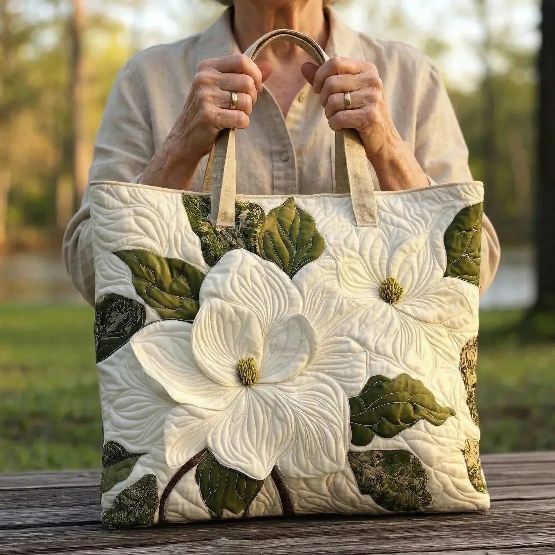 Bolso acolchado con estampado elegantes lirios blancos
