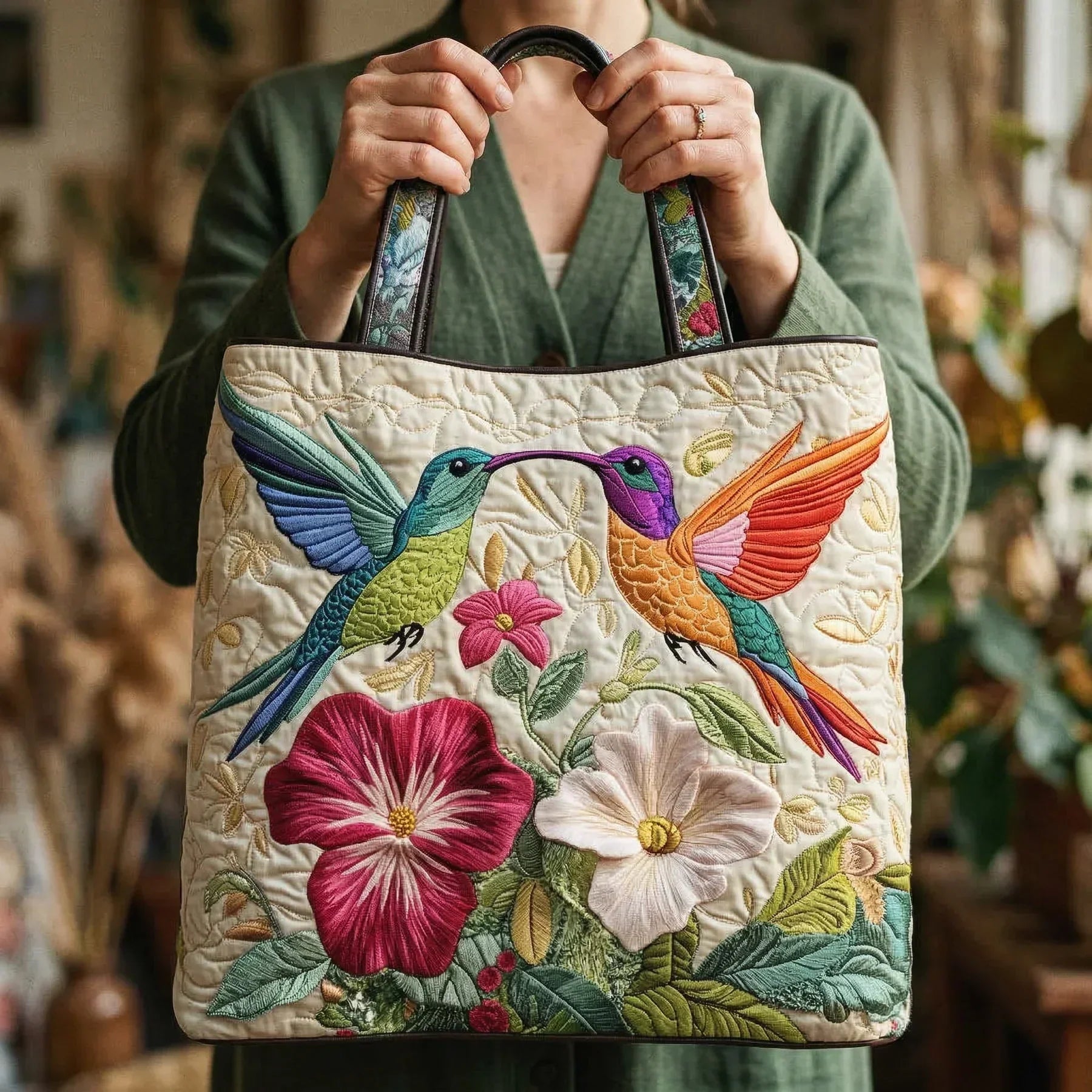 Bolso acolchado con estampado colibrí y flores blancas