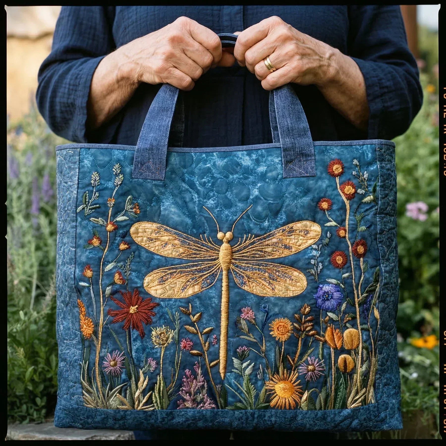 Bolso acolchado con estampado libélula dorada
