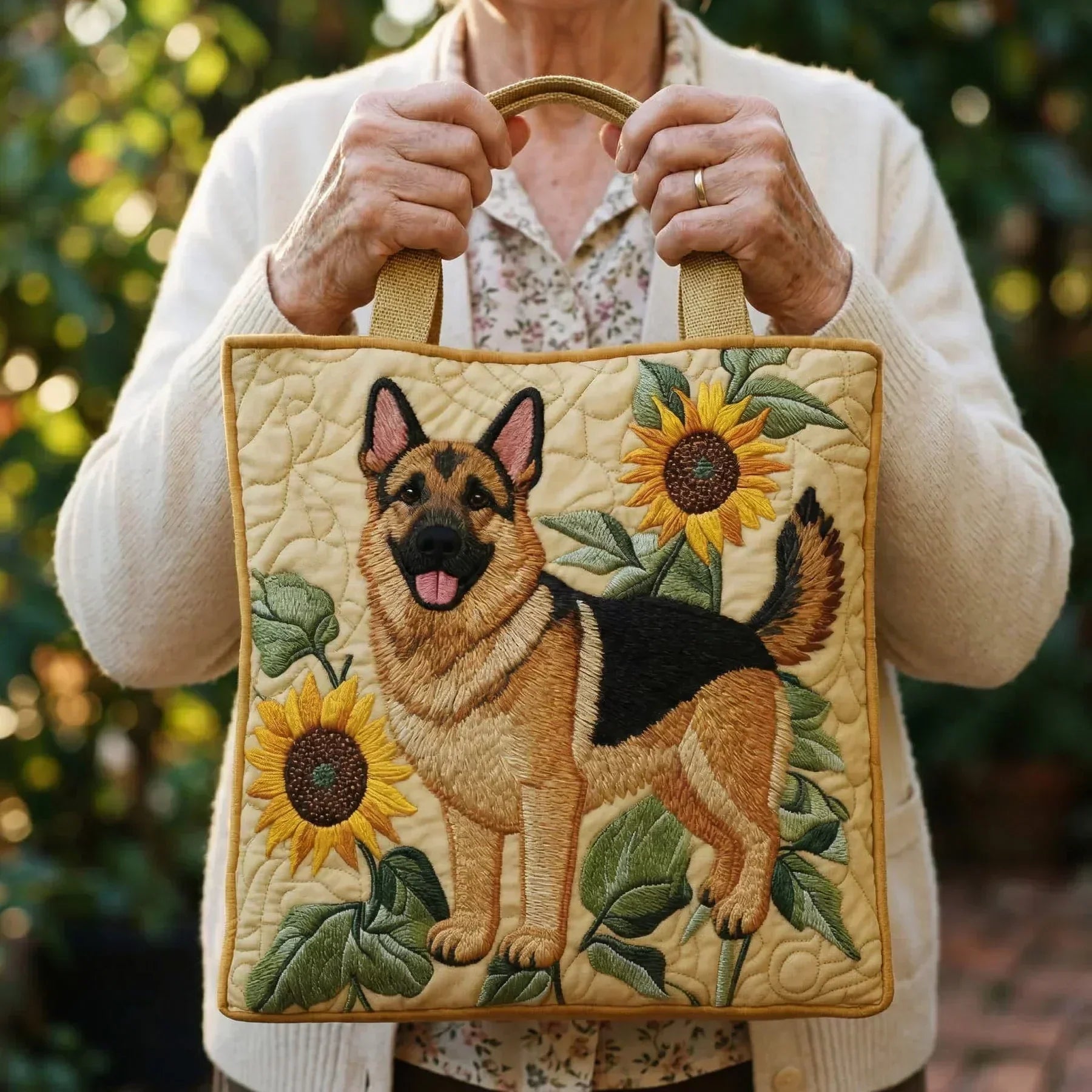Bolso acolchado con estampado pastor alemán con flores