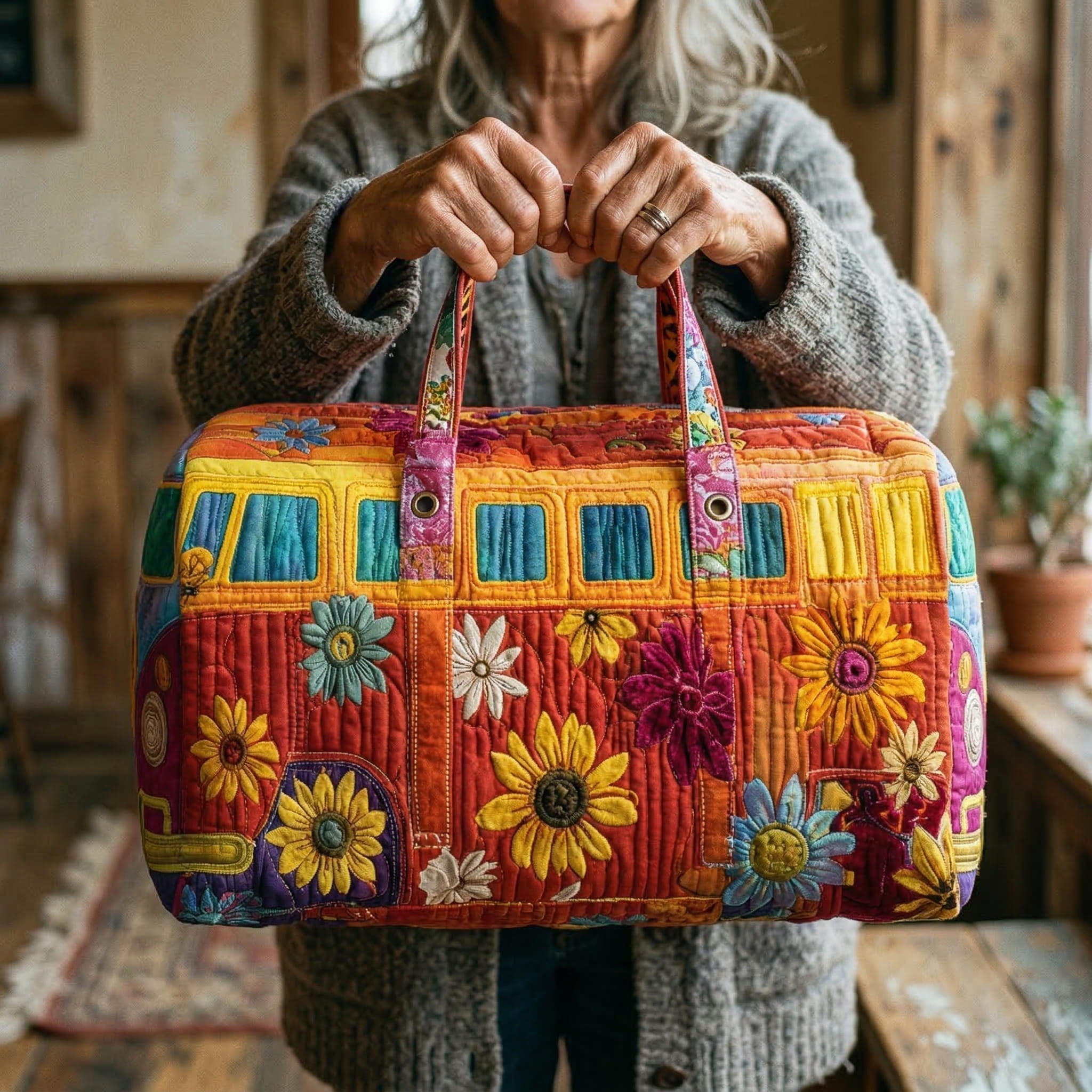 Bolso de viaje acolchado con estampado hippiebus en estilo retro
